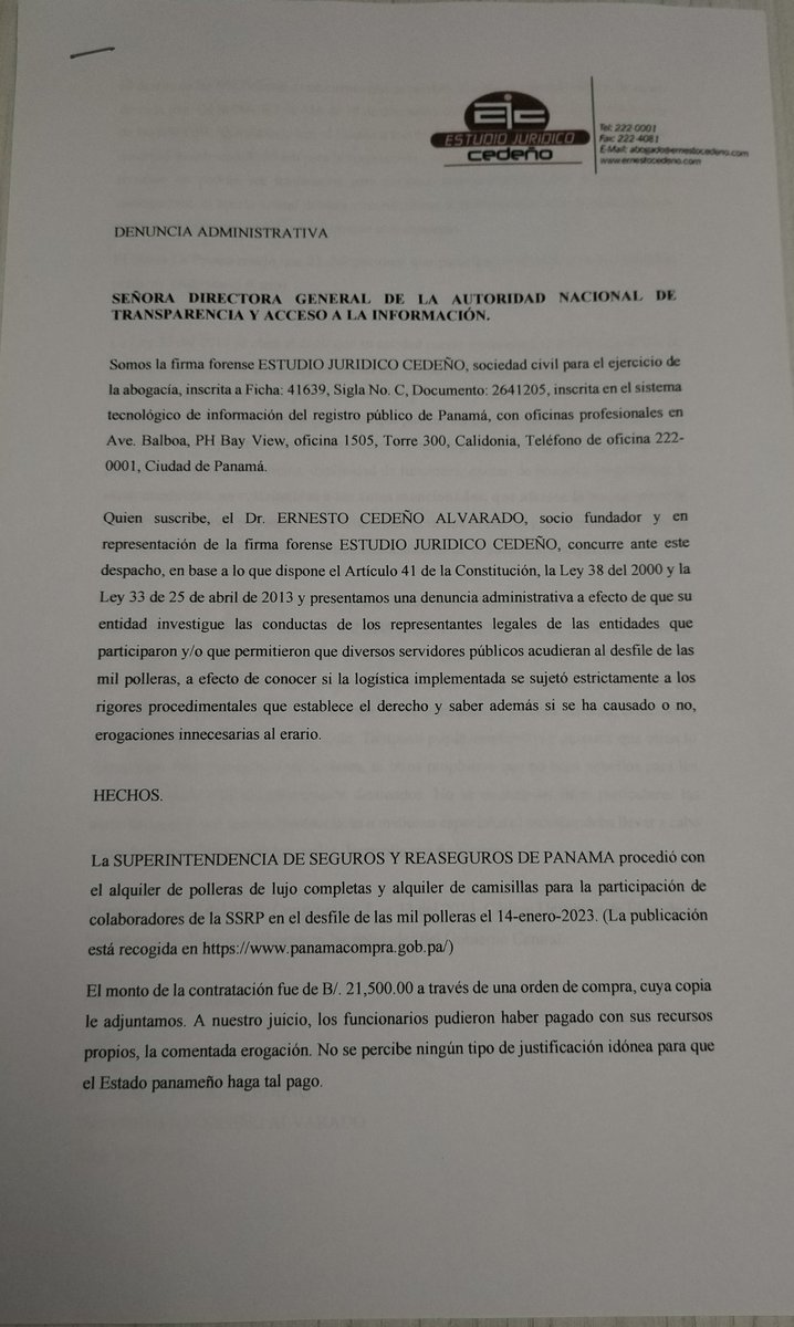 Si Dios me lo permite el mañana, estaré presentando una denuncia administrativa ante la <a href="/ANTAI_Panama/">ANTAI</a> para que se investiguen las erogaciones estatales en el desfile de las mil polleras. Hay que administrar la cosa pública como bien padre de familia. Seguiré retando el sistema.