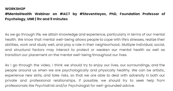 mareclareng's tweet photo. WORKSHOP
Name: #MentalHealth Webinar on #ACT by #StevenHayes, PhD, Foundation Professor of Psychology, UNR | 1hr and 9 minutes
Date: August 25, 2022 https://t.co/lBG7KdVBKt