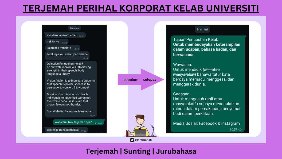 aminonati's tweet image. Penterjemahan maklumat korporat bukanlah sekadar menukar perkataan.

Kita perlu menggarap citra, lenggok, dan kesan yang ingin dicapai dalam bahasa sumber sebelum mengolahnya dalam bahasa sasaran.

#AminoTerjemah #AT1