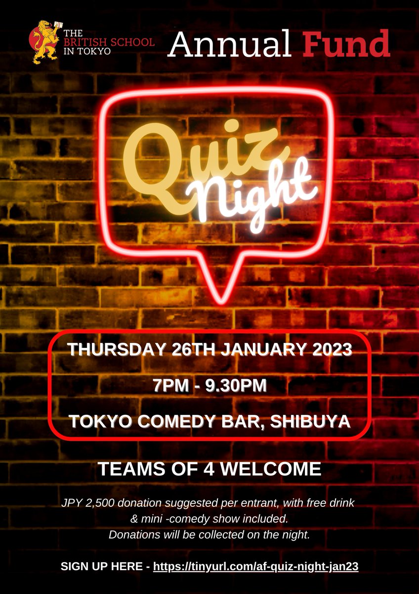 Nora Yamada (@bst_yamada) on Twitter photo Sign up for our BST Annual Fund Quiz Night at <a href="/comedy_tokyo/">Tokyo Comedy Bar</a> next Thursday 26th Jan@7pm - only a few spaces left! All proceeds go to <a href="/BST_Tokyo/">The British School in Tokyo</a> Annual Fund for *amazing* student & teacher-led projects! Sign up for our BST Annual Fund Quiz Night at <a href="/comedy_tokyo/">Tokyo Comedy Bar</a> next Thursday 26th Jan@7pm - only a few spaces left! All proceeds go to <a href="/BST_Tokyo/">The British School in Tokyo</a> Annual Fund for *amazing* student & teacher-led projects!