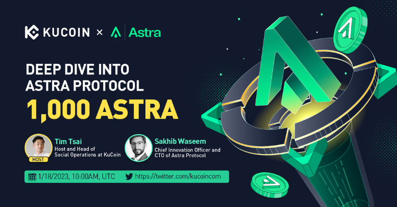 kucoincom's tweet photo. Join @timmtsai and @SakhibWaseem on our next #KuCoin fireside chat in a deep dive discussion about @AstraProtocol!

🎁1000 ASTRA Giveaway (10 winners, 100 in $ASTRA each)
1️⃣Follow @kucoincom &amp; guests
2️⃣Retweet &amp; tag 2 friends

✅Set a reminder