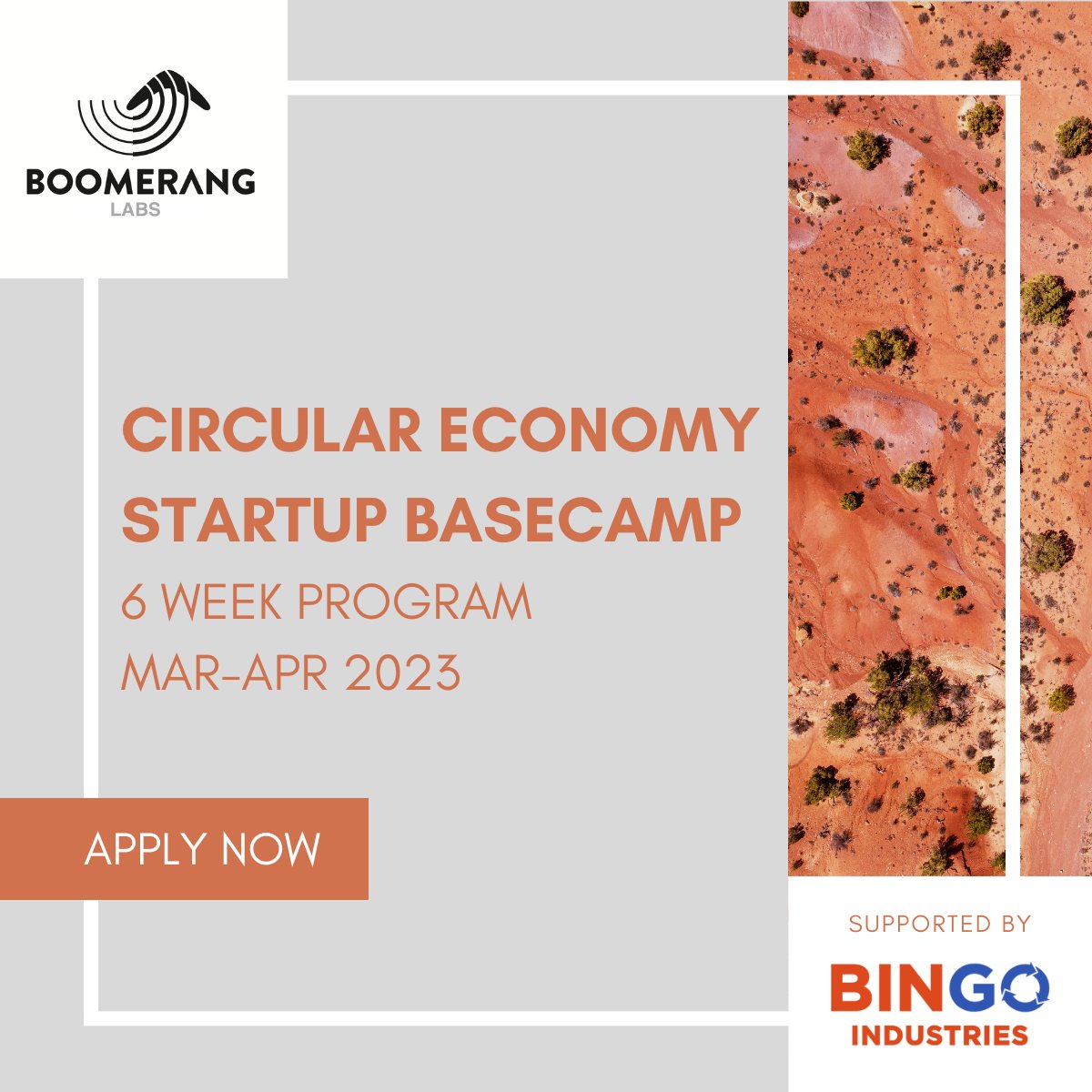 Applications NOW OPEN for the Boomerang Labs Basecamp📢

Our 6wk program focuses on turning individuals into entrepreneurs, to set you up with the foundations you'll need to launch a circular startup.

Read full program info and start your application now: boomeranglabs.org.au/basecamp