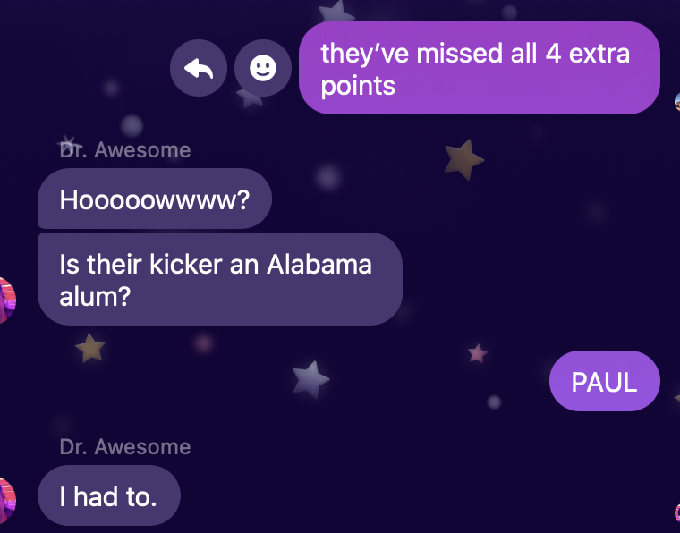 onepinktee's tweet photo. @FunnyMaine Feel like you can appreciate what my not-really-a-college-football-fan friend said to me. I've educated him about Bama football little TOO well. https://t.co/hSWeB48Maa