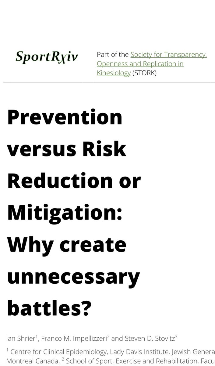 Heavyweights in the field of sport injury epidemiology <a href="/francoimpell/">Franco Impellizzeri</a> and <a href="/IanShrier/">Ian Shrier</a> helping to create consistent nomenclature. Thank-you for leading the way.

Prevention versus Risk Reduction or Mitigation: Why create unnecessary battles? - goo.gl/scholar/QD6ZpZ #ScholarAlerts