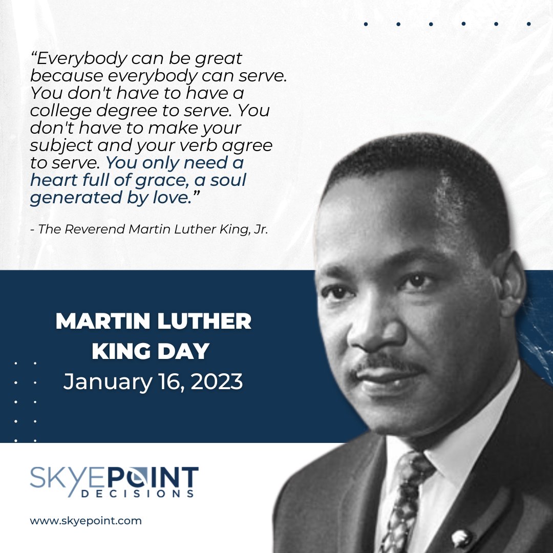 Did you know that Martin Luther King Jr. Day is the only federal holiday designated as a national day of service to encourage all Americans to volunteer to improve their communities?  We honor and remember his life and legacy. 

#SkyePoint #mlkday2023 #dayofservice