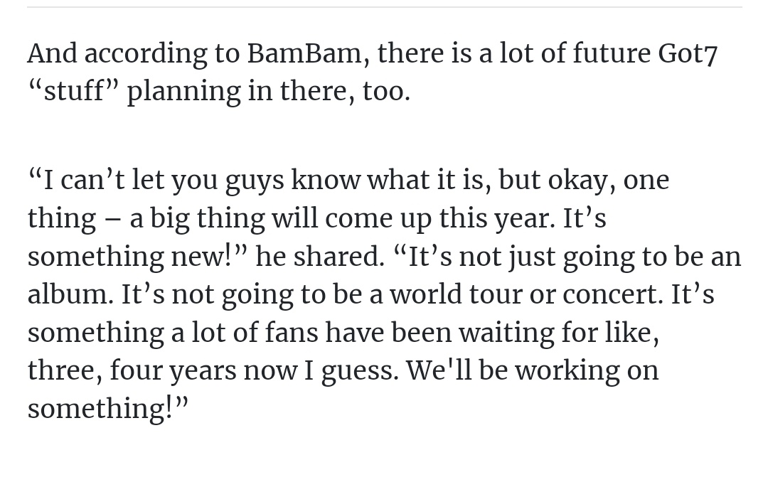 withgotseven_'s tweet photo. "It's not JUST going to be an album. It’s not going to be a world tour or concert. It’s something a lot of fans have been waiting for like, three, four years now I guess. We'll be working on something!” — @BamBam1A

WHAT IS IT?!?? HARD CARRY 3?? AHGABONG VER. 3?? 

#BamBam #GOT7 https://t.co/1ukvQrh9dL