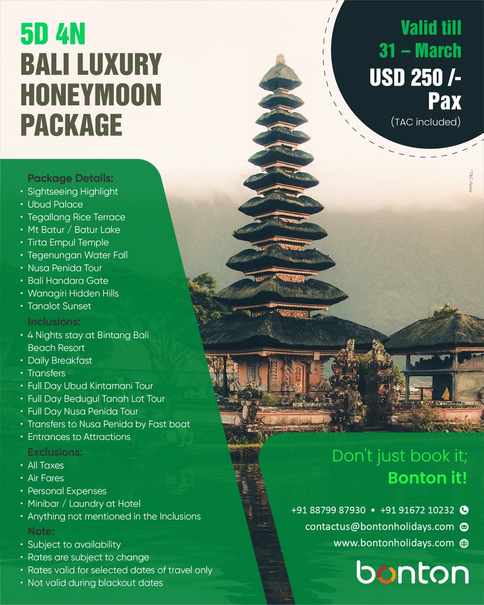 Contact us for package detail: bontonholidays.com | +91 88799 87930 | +91 91672 10232

#bontonholidays #bali 

#thailand #baliindonesia #balilife #balitrip #indonesia #honeymoon #honeymoontour #honeymoonpackage #honeymoondestination #balitourism #travel #india #instagram