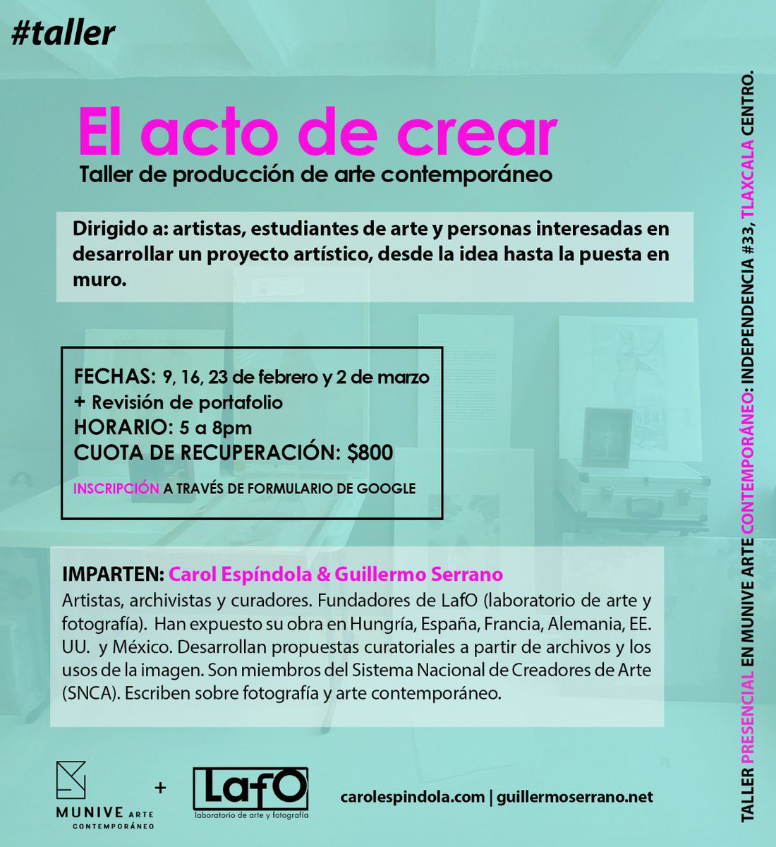 lafo_archivo's tweet photo. ¡Nuevo año, nuevo taller!l #Munive + #LafO Inscríbete 👉🏾https://t.co/JMzip98xuj @espindolacarol @guillermo_tlx https://t.co/Y5bA8HHfWv