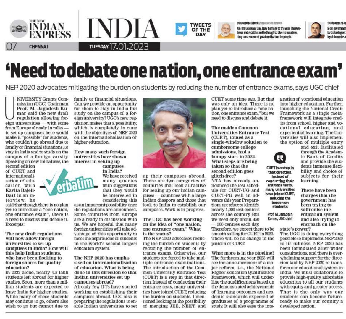 Mamidala Jagadesh Kumar (@mamidala90) on Twitter photo Kavita Bajeli-Datt in a detailed interview with me writes: The UGC Chief said that though there is no plan yet to introduce a “one nation, one entrance exam”, there is a need to discuss and debate it.
<a href="/KavitaDatt/">Kavita Bajeli-Datt</a>
newindianexpress.com/nation/2023/ja… Kavita Bajeli-Datt in a detailed interview with me writes: The UGC Chief said that though there is no plan yet to introduce a “one nation, one entrance exam”, there is a need to discuss and debate it.
<a href="/KavitaDatt/">Kavita Bajeli-Datt</a>
newindianexpress.com/nation/2023/ja…