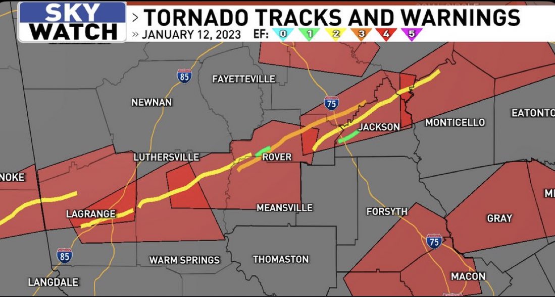 JMichaelBrewer's tweet photo. According to this graphic from WGXA, Butts County was hit by at least one short EF1 tornado and one long track EF2 tornado Thursday that went through the Worthville area. Butts County has now been included in today’s Federal disaster declaration which opens up aid to our county. https://t.co/ptTDgFENly