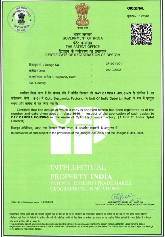 iol_pro's tweet photo. #MsnRakshaGyanShakti
Design IP has been granted by Patent Office to Opto electronics Factory (A unit of India Optel Limited) for the design of Day Camera Housing.@DefProdnIndia @SpokespersonMoD https://t.co/wfPtxrN2VW