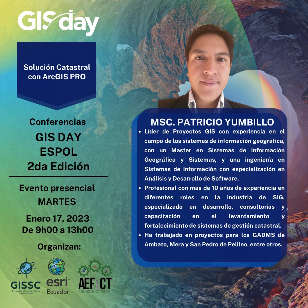 aefict's tweet photo. En este evento podrás conocer aplicaciones de los GIS en áreas como:
🏘️ Catastro
🌋 Gestión de Riesgos
🍃 Medio Ambiente
⛏️ Minería
Además, gracias a ESRI ECUADOR, durante el evento podrás participar para ganar licencias del software ArcGIS PRO.
#GIS #ESPOL #ESRI #GISSC #AEFICT https://t.co/4uPoDfExgI
