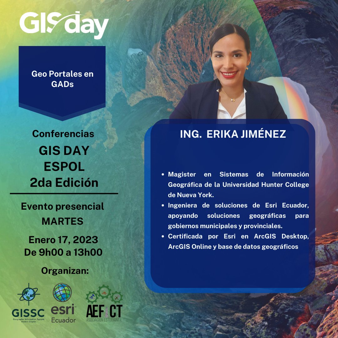 aefict's tweet photo. En este evento podrás conocer aplicaciones de los GIS en áreas como:
🏘️ Catastro
🌋 Gestión de Riesgos
🍃 Medio Ambiente
⛏️ Minería
Además, gracias a ESRI ECUADOR, durante el evento podrás participar para ganar licencias del software ArcGIS PRO.
#GIS #ESPOL #ESRI #GISSC #AEFICT https://t.co/4uPoDfExgI