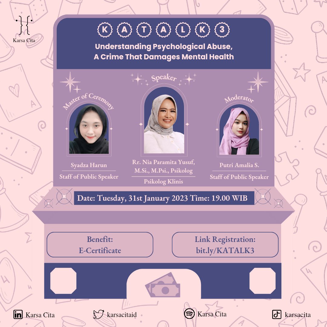 karsacitaid's tweet image. [KATALK #3 – Understanding Psychological Abuse, A Crime That Damages Mental Health]

Hi Sobat Kata! 👋🏻
Yuk tingkatkan kesadaran akan psychology abuse melalui KATALK #3 (Karsa Cita Talk)✨🤗

#katalk #webinarpsikologi #webinar #kesehatanmental #mentalhealth