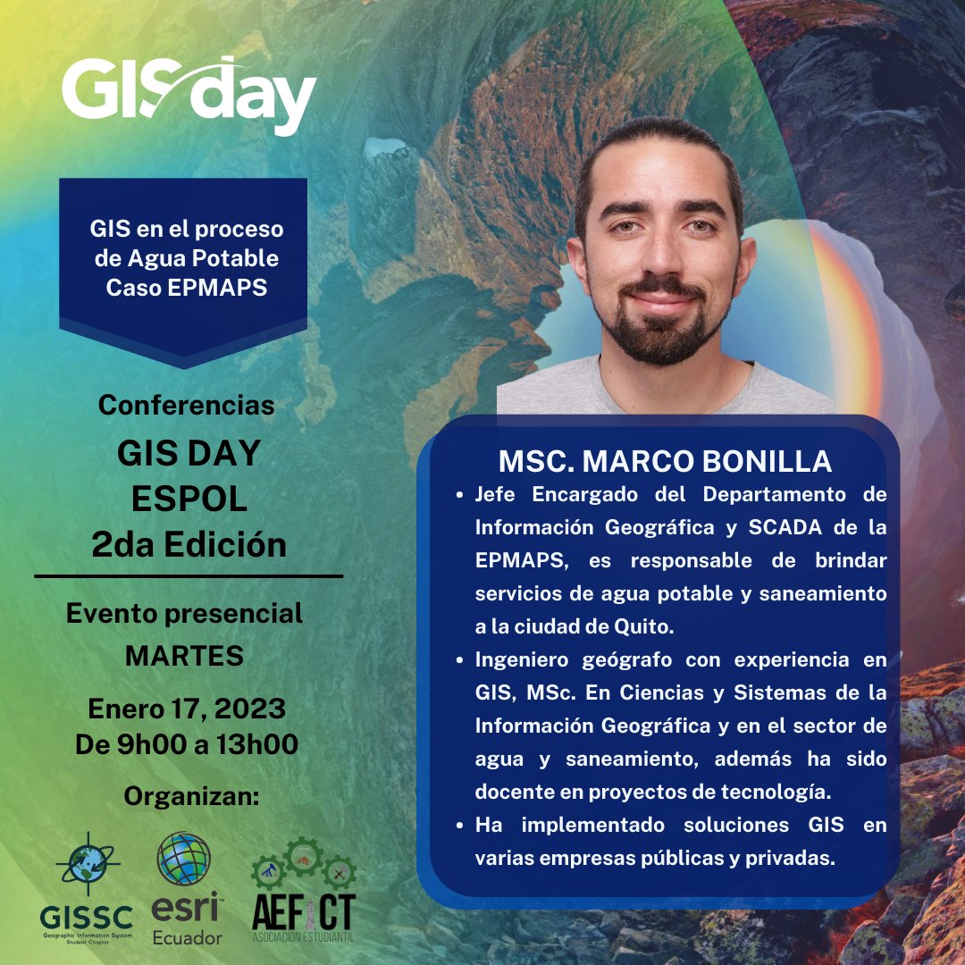 aefict's tweet photo. 🛰️🗺️ II Edición: GIS DAY ESRI-ESPOL 🛰️🗺️
Estimada comunidad,
Compartimos con ustedes la información de los ponentes que nos acompañarán en el evento.
¡Desliza y conoce sobre todo lo que tenemos preparado para tí!
#GIS #ESPOL #ESRI #GISSC #AEFICT https://t.co/2q0xQvZYmQ