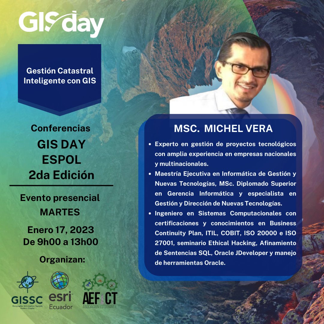 aefict's tweet photo. 📆 17 de Enero, 2023
👩🏻💻 Modalidad Presencial y Virtual
📍 Aula Satelital FICT-ESPOL
✅ Enlace de registro: https://t.co/mg046R9SH8
¡Te esperamos! ¡No te quedes fuera!
#GIS #ESPOL #ESRI #GISSC #AEFICT https://t.co/obyRtF4y6z