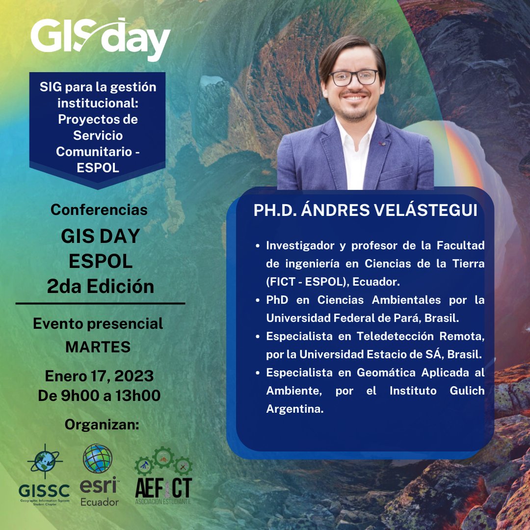 aefict's tweet photo. 📆 17 de Enero, 2023
👩🏻💻 Modalidad Presencial y Virtual
📍 Aula Satelital FICT-ESPOL
✅ Enlace de registro: https://t.co/mg046R9SH8
¡Te esperamos! ¡No te quedes fuera!
#GIS #ESPOL #ESRI #GISSC #AEFICT https://t.co/obyRtF4y6z