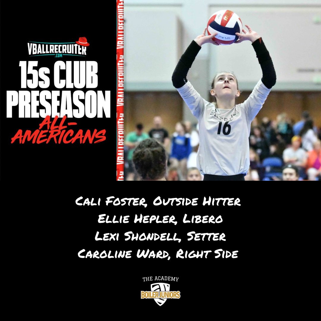 Congratulations to Cali Foster, Ellie Hepler, Lexi Shondell, and Caroline Ward, all from <a href="/BoilerJuniorsVB/">The Academy Boiler Juniors</a> 15 Gold, on being selected as <a href="/vballrecruiter/">Kara Hill</a> 2026 Preseason All-Americans! 

Keep up the good work! 

#boilerproud #boilerfamily #weareone