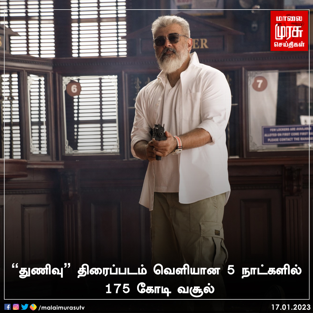 MalaimurasuTv's tweet photo. துணிவு திரைப்படம் வெளியான 5 நாட்களில் 175 கோடி வசூல்

#ajithkumar | #Thunivu | #Malaimurasu https://t.co/qAQ4ZKcLxa