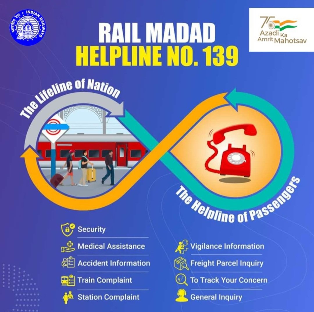 Dial Rail Madad Helpline number 139 for all your queries related to #IndianRailways

#Dial139
#OneRailOneHelpline139  

@SWRRLY