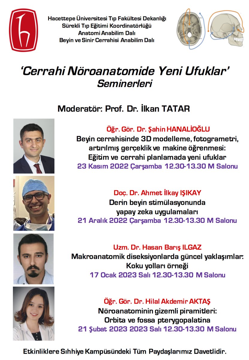Değerli Cerrahi NöroAnatomi ailesi, bugün (17.1.2023) saat 12.30'da M salonunda doktora öğrencim tıp ve bilim doktoru Hasan Barış Ilgaz'ın 'Makroanatomik diseksiyonlarda güncel yaklaşımlar: Koku yolları örneği' isimli seminerine davetlisiniz. Tüm beyaz cevher severleri bekleriz.