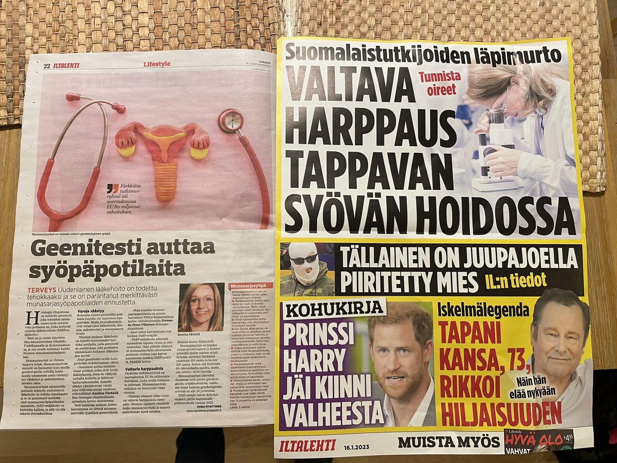 Our work highlighted in the Finnish tabloid #iltalehti! Glad to see promotion of #ovariancancer awareness and information on PARP inhibitors to the public and #patients <a href="/Syopapotilaat/">Suomen Syöpäpotilaat</a> <a href="/iCAN_Finland/">iCAN - Digital Precision Cancer Medicine</a>