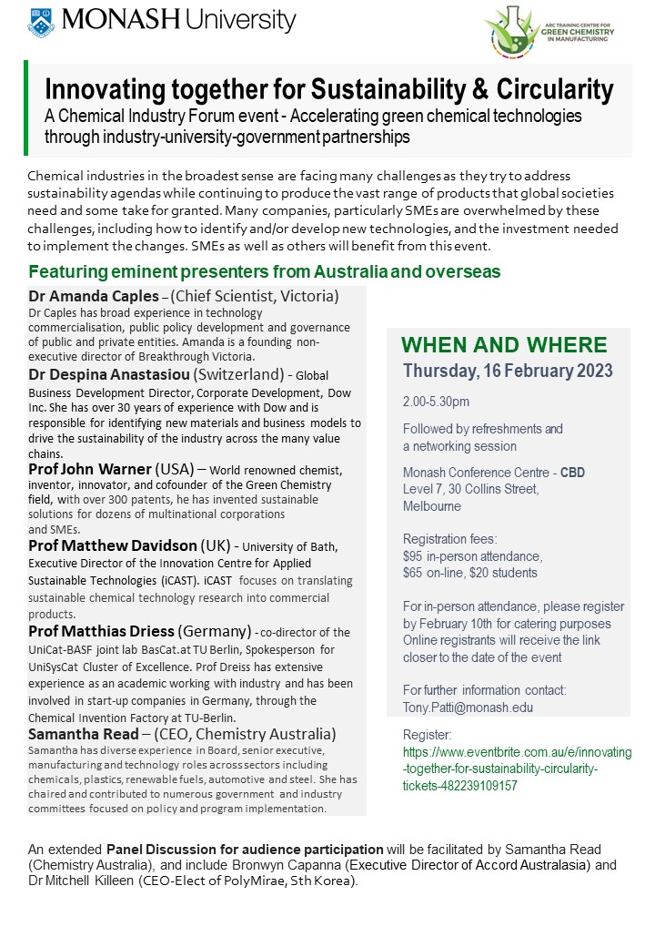 ARC_TCGCM's tweet photo. UPCOMING EVENT Hear from expert government, international and local speakers and panel members about approaches to address the sustainability challenges faced by chemical industries.
Register through Eventbrite https://t.co/pxAViQo0uk https://t.co/6gdGmGIxED