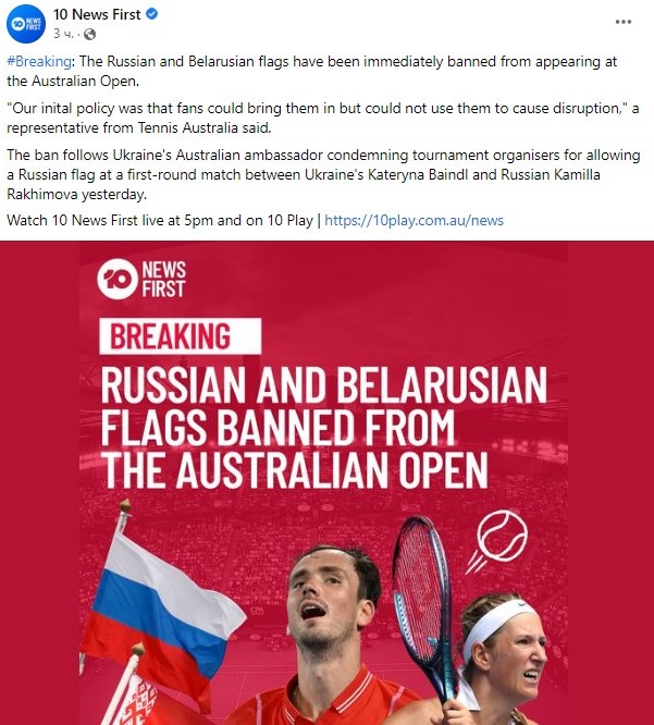 RusEmbAU's tweet photo. ❗️The decision to ban 🇷🇺Russian and 🇧🇾Belorussian flags from appearing onsite at the @AustralianOpen is another example of unacceptable politicisation of sports🔗https://t.co/pno9ALImJE https://t.co/wVpY9OCMZF