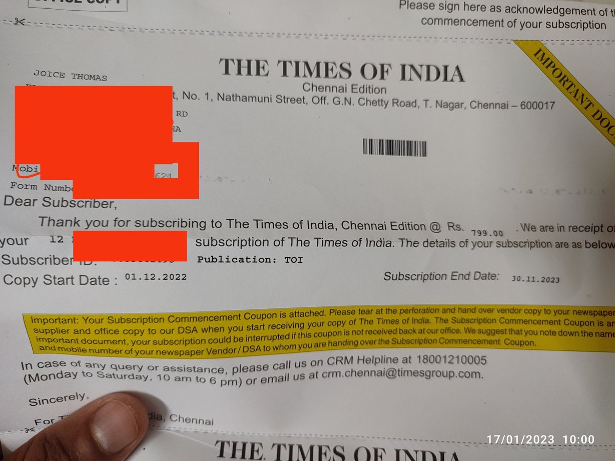 joice685's tweet photo. @timesofindia worst customer service ever. Waiting for newspaper delivery from dec 1st 2022 and still no help or support. Now I'm asking refund of 799rs since no newspaper delivery. Worst experience ever with @timesofindia https://t.co/QmfAFDyM74
