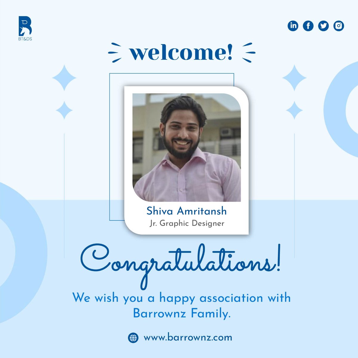btdspl's tweet photo. Congratulations Shiva Amritansh. Welcome to the Team Barrownz.

We’re happy to have you on board with us. Let's grow together.

#teamwork #welcomepost #newjoining https://t.co/xtv0EmIKPV