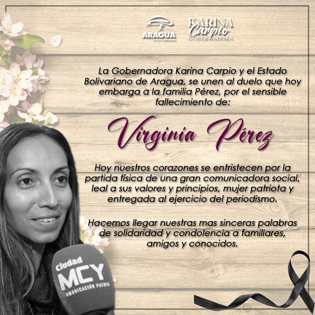 Enviamos nuestras más sinceras palabras de condolencias a la familia Pérez, por el sensible fallecimiento de Virginia Pérez, corresponsal de RNV, mujer leal, comprometida y luchadora 

A sus familiares, amigos y conocidos, nuestro Dios dé la fortaleza en estos momentos 🙏🏻