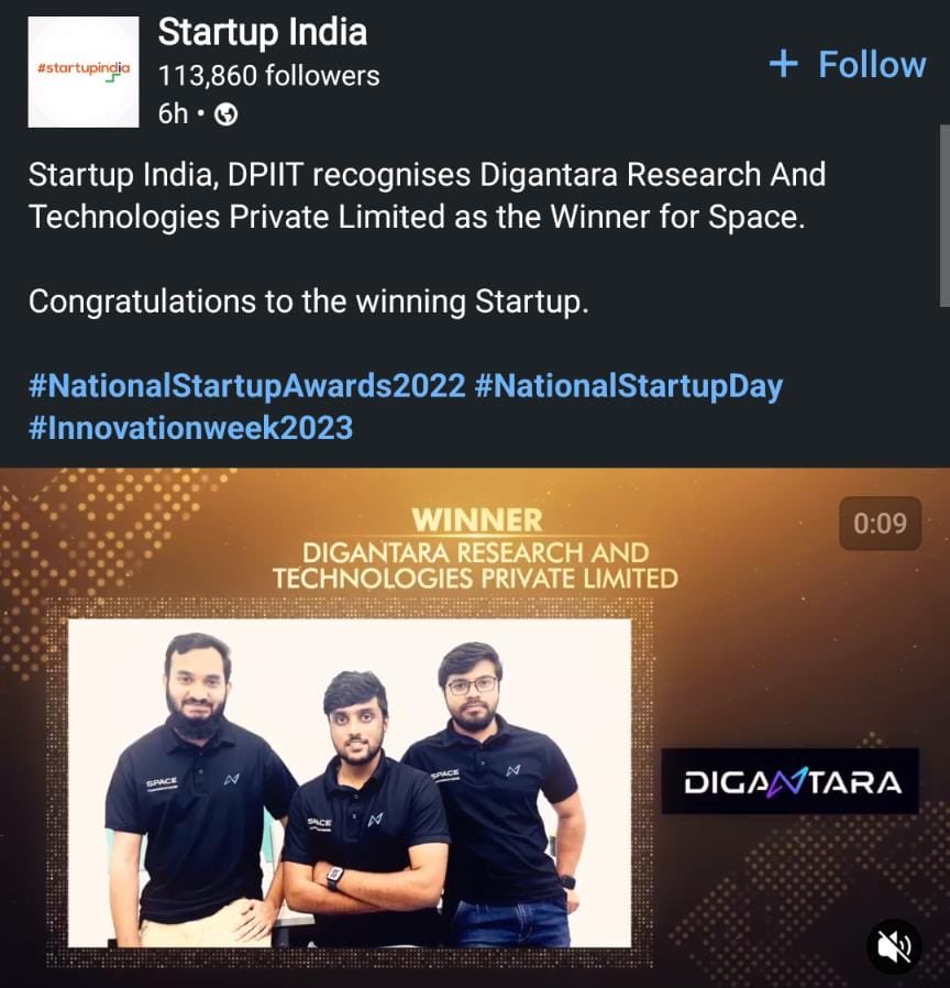 #iDEX wishes heartiest congratulations to the @Digantarahq for being recognised as Winner under “Space” category by @startupindia for their efforts towards building sovereign #SSA capability at #NationalStartupAwards2022 @CimGOI @DPIITGoI @startupindia