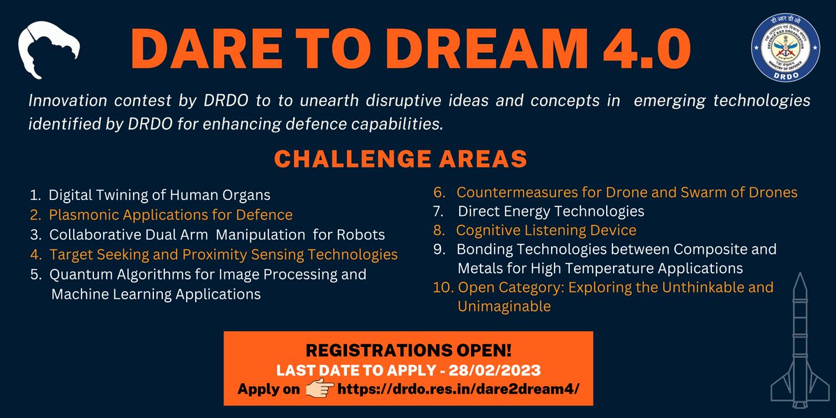 DrdoTdf's tweet photo. Attention #startups #individual innovators! 

Registrations for @DRDO_India's Dare to Dream 4.0 innovation contest are open now!

Apply on https://t.co/suzVCBoh6c and get a chance to win cash prizes up to Rs. 10 Lakh. https://t.co/1NNT7SZ77O