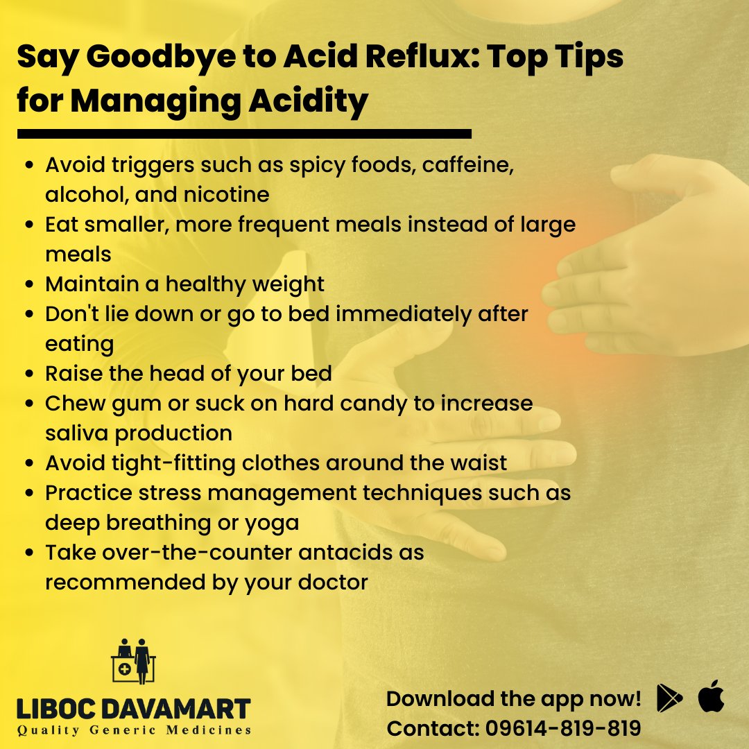 LibocDavamart's tweet image. 🔥🔥Say Goodbye to Acid Reflux: Top Tips for Managing Acidity:
👉Contact India’s #1 Best Generic Medicine Store Online💊
📞+91-9614-819-819
🧑🏻‍💻 libocdavamart.in
📩 DM us with your questions
#acidity #aciditymedicine #aciditytips #acidreflux #libocdavamart #genericmedicines