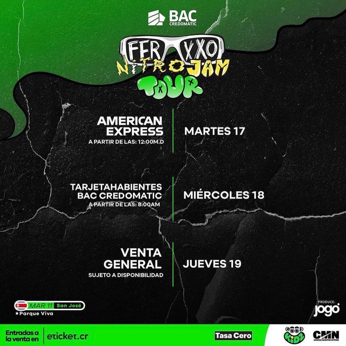 CRdeFiesta's tweet photo. #NitroJamTour ⚡️ @Feid
🇨🇷 Parque Viva 11 de Marzo 2023 💚
#Ferxxo 👓 #MORRR
@JogoMercadeo || @CMNEvents https://t.co/ADNCHk5KvH