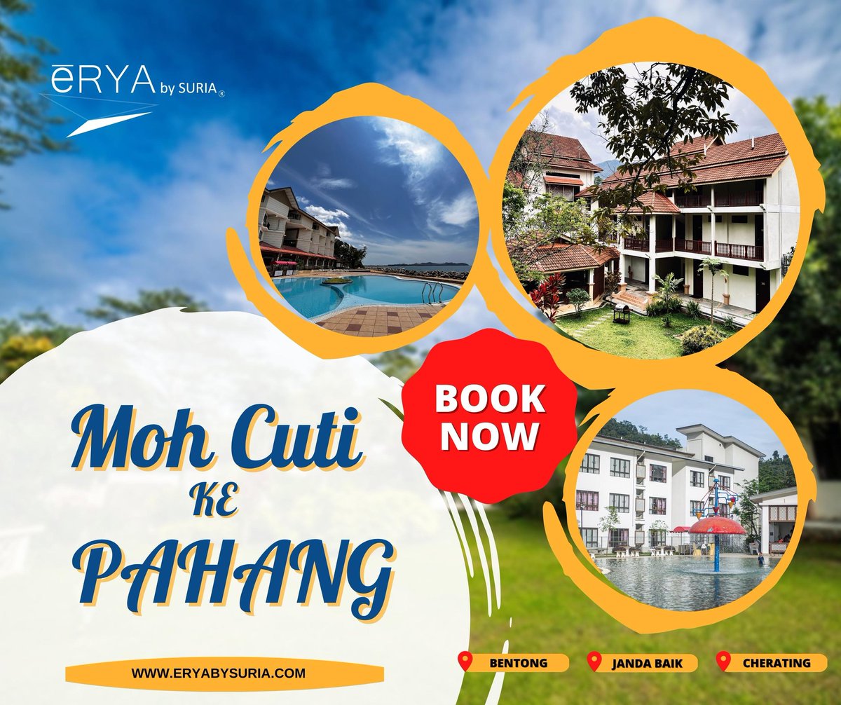 suriaresorts's tweet photo. Jom bercuti ke Pahang dan menginap di Eryabysuria. Pelbagai aktiviti dan tempat menarik yang berdekatan yang boleh anda terokai. 

#eryabysuria #tourismmalaysia #tourismpahang #cuticutimalaysia #malaysiatrulyasia https://t.co/E0Ug6XM1He