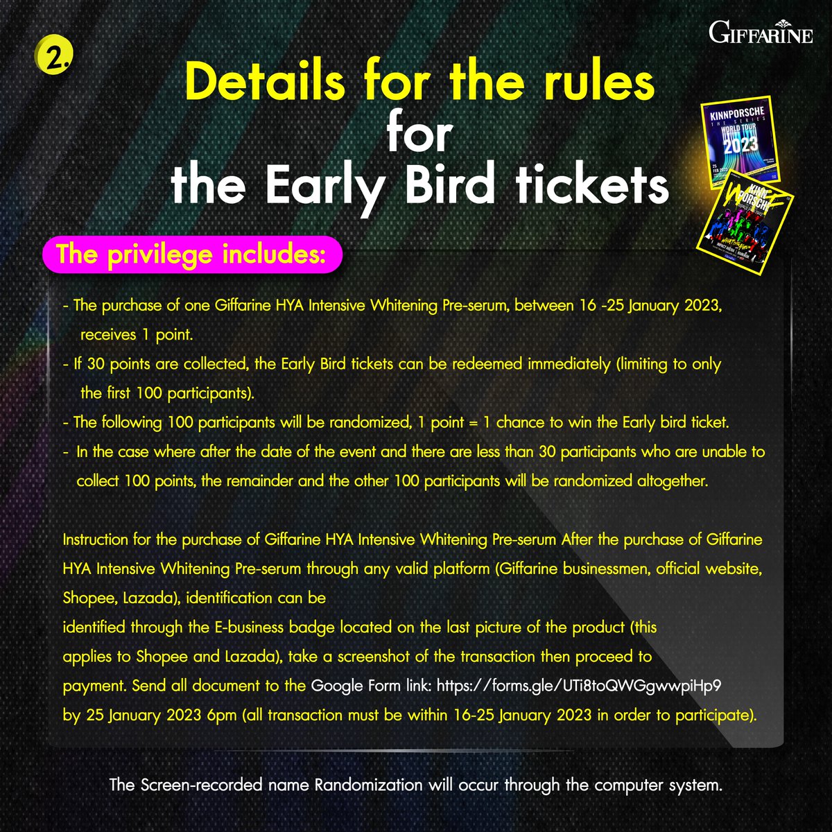Giffarineoffice's tweet photo. GIFFARINE X KinnPorsche The Series

Introducing a chance to win Early Bird tickets to the concert before everyone!!
200 chances (1 chance reserves 2 seats), any seating areas can be selected!! 

📍https://t.co/IktnhiLOAa https://t.co/Xy0BAXPkCw
