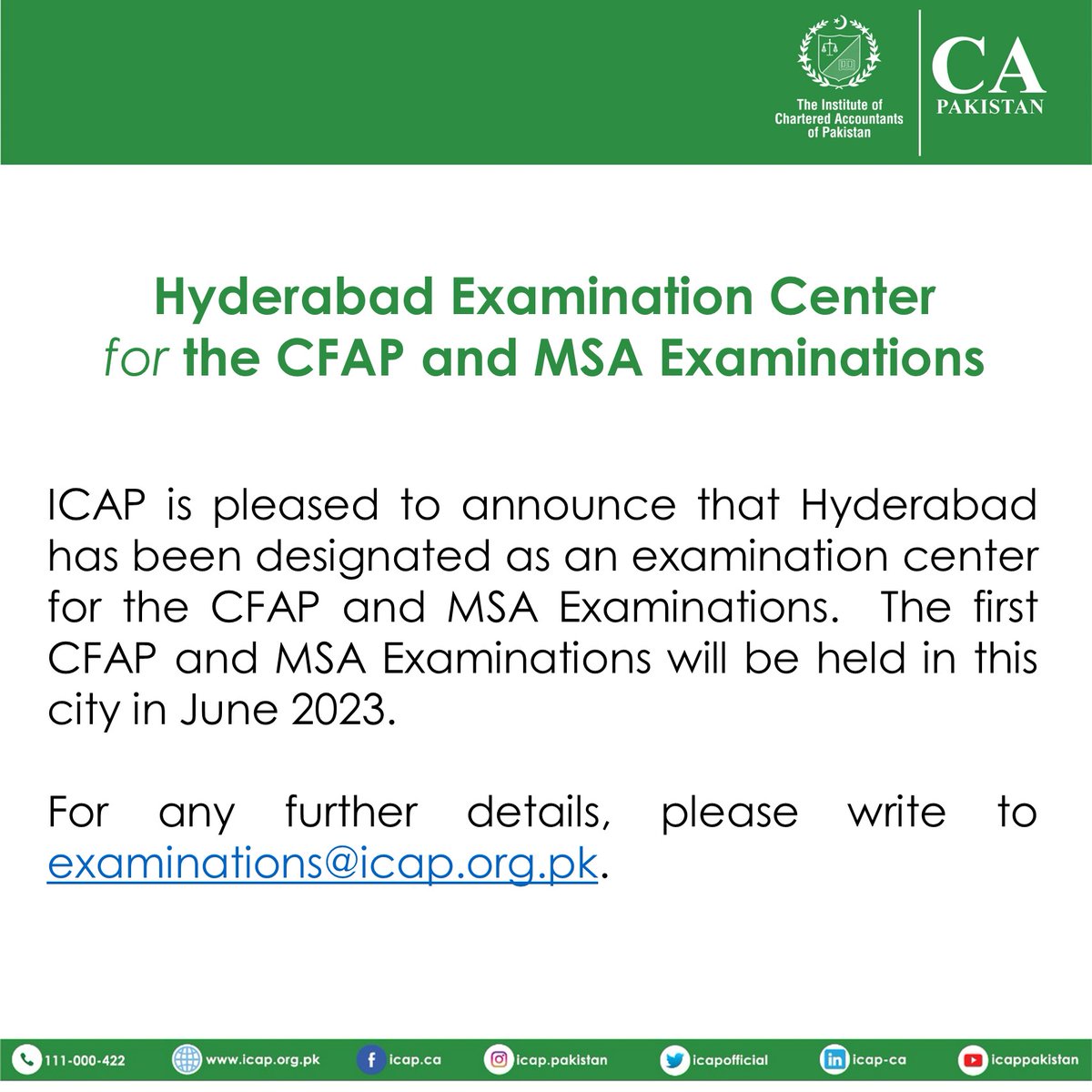 Great news for all CFAP and MSA students in Hyderabad! The city has been designated as an examination center for the upcoming CFAP and MSA Examinations. Get ready to ace those exams!
#CFAP #MSA #ExamCenter #Hyderabad