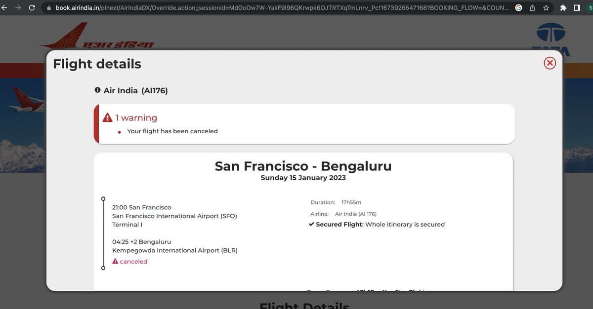 sandokana's tweet photo. @airindiain  AI 176 - SFO-BLR 15 Jan.  UNREAL Air-India website.   one page says flight left and one page says cancelled.  customer support is clueless and total nightmare https://t.co/YOlvWUGzS7