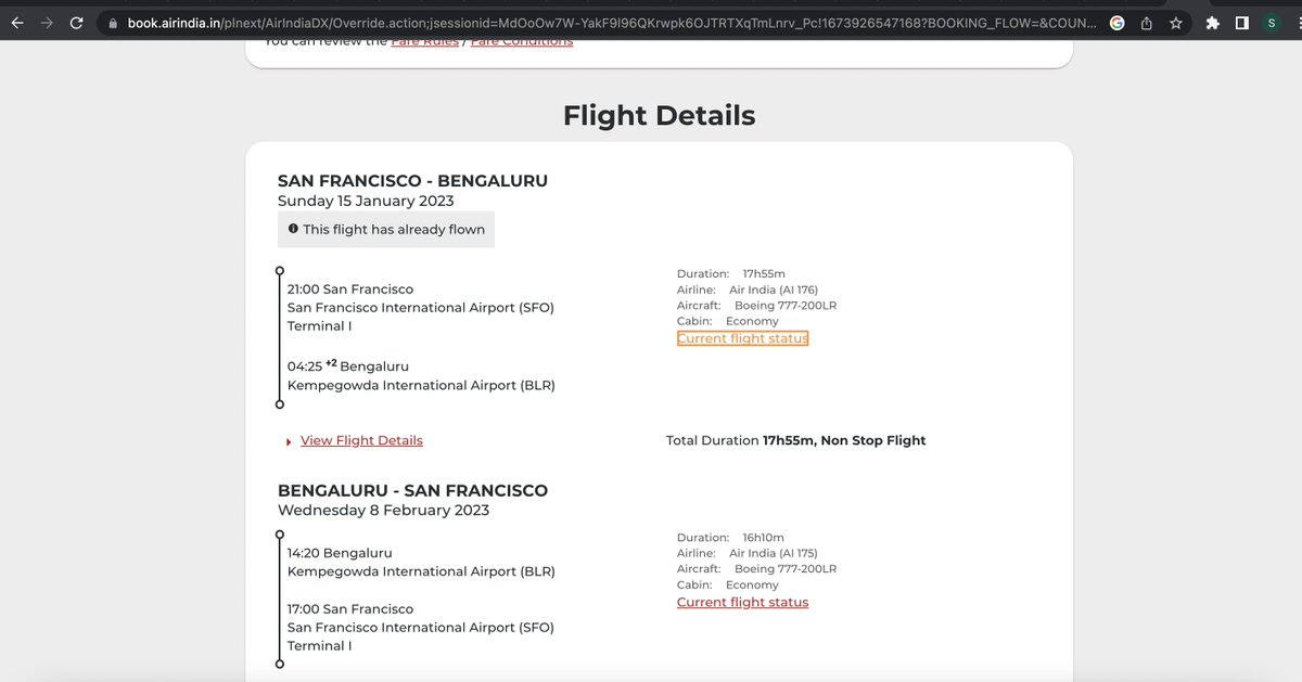 sandokana's tweet photo. @airindiain  AI 176 - SFO-BLR 15 Jan.  UNREAL Air-India website.   one page says flight left and one page says cancelled.  customer support is clueless and total nightmare https://t.co/YOlvWUGzS7