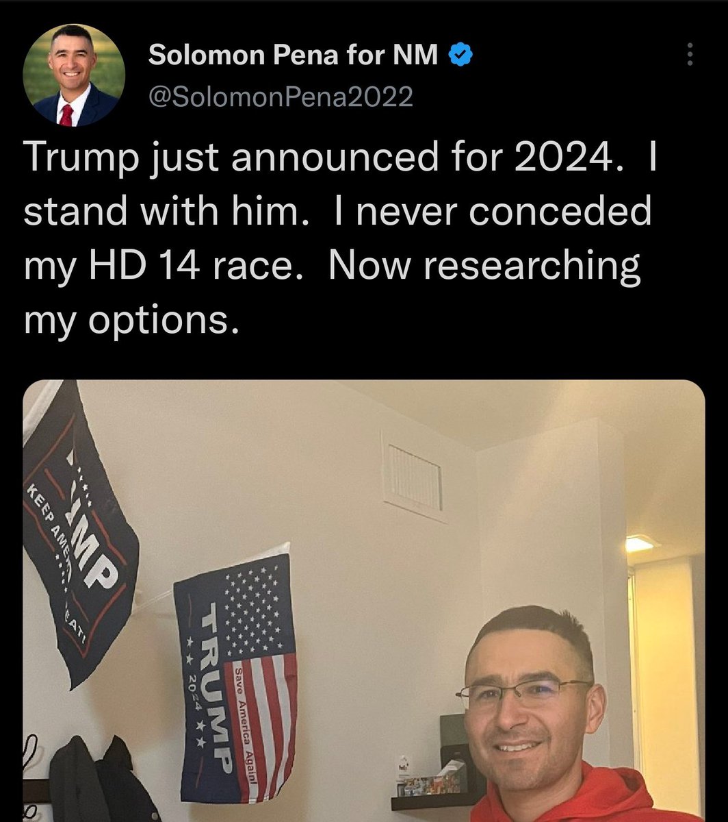 BryanDawsonUSA's tweet photo. BREAKING: Republican Ex-Candidate arrested in shootings targeting New Mexico Democrats. He not only shot at homes himself, but hired others to do so. Solomon Peña lost Nov. 8 election in a landslide. He then went on Twitter to express support for Trump and refused to concede. https://t.co/BHuoW7nUDG