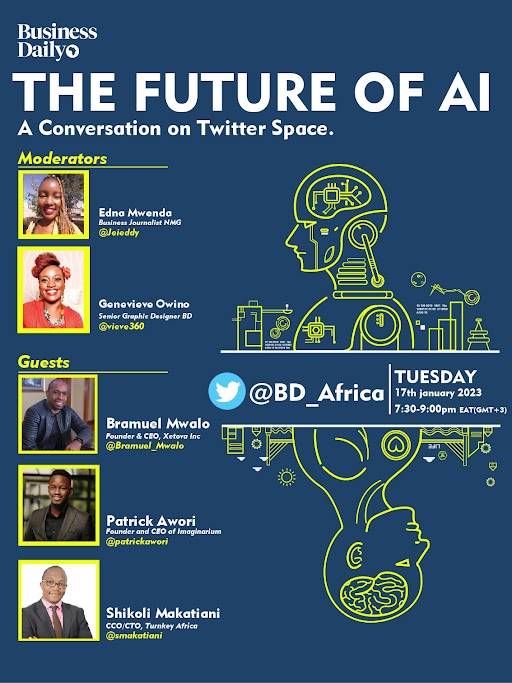 Our CCO <a href="/smakatiani/">Shikoli Makatiani</a> will be on <a href="/BD_Africa/">BusinessDaily</a>  Twitter Spaces this evening from 7:30-9:00PM talking about The Future of AI. Don't forget to listen in!

#TheFutureOfAI #AI #ArtificialIntelligence #InsuranceTechnology #Insurtech