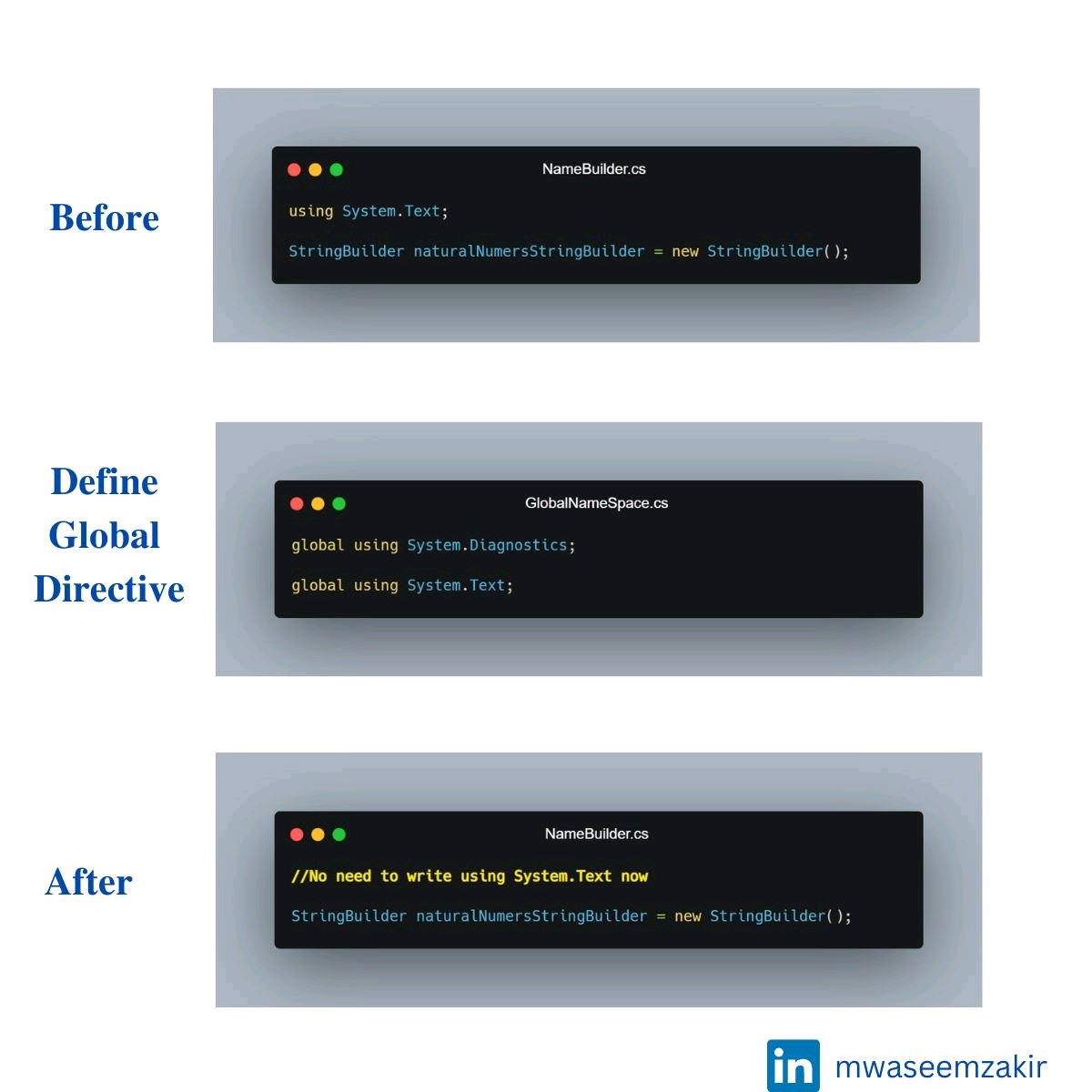 mwaseemzakir's tweet photo. 💡 𝐆𝐥𝐨𝐛𝐚𝐥 𝐔𝐬𝐢𝐧𝐠 𝐃𝐢𝐫𝐞𝐜𝐭𝐢𝐯𝐞 𝐢𝐧 𝐂# 𝟏𝟎
🎯 Now you don’t need to write using statements n times in each file wherever you use. Just define it one time in global file and then use it globally
#csharp #dotnet #dotnetcore #dotnet6 #dotnet3 #csharp10 https://t.co/kDajMReFUs