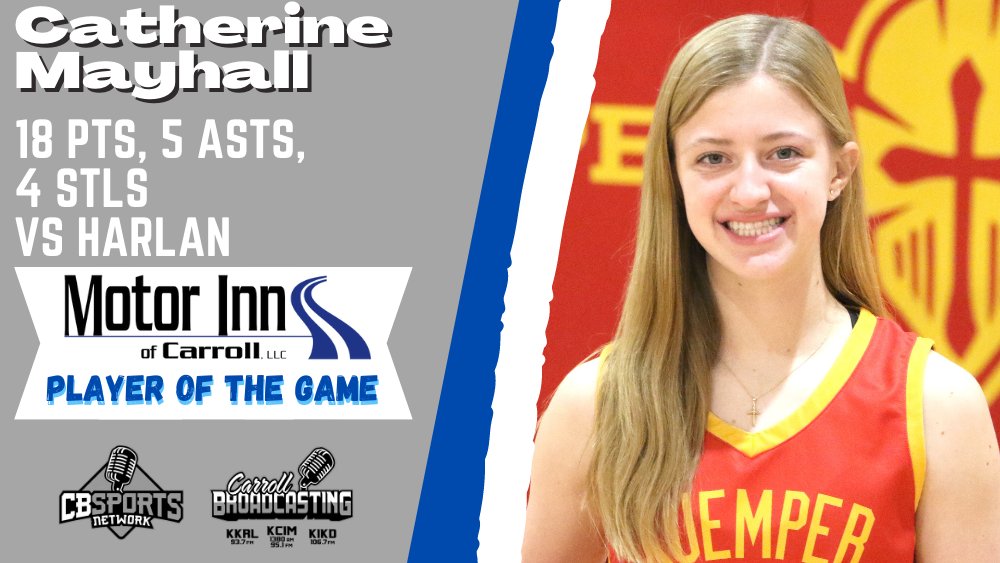 jeff blankman (@huskerblankman) on Twitter photo Congratulations to Catherine Mayhall of Kuemper Catholic on being named Motor Inn Player of the Game Vs Harlan on Monday, January 16th. The Knights knocked off the 15th ranked Cyclones 69-61.
@KuemperCharger <a href="/CMayhall23/">Catherine Mayhall</a> <a href="/klenka14/">Coach Klenk</a> <a href="/TheTylerBrunner/">Tyler Brunner 🎙️📹</a> <a href="/NickBrincks/">Nick Brincks</a> <a href="/FrannieGlynn/">frannie glynn</a> Congratulations to Catherine Mayhall of Kuemper Catholic on being named Motor Inn Player of the Game Vs Harlan on Monday, January 16th. The Knights knocked off the 15th ranked Cyclones 69-61.
@KuemperCharger <a href="/CMayhall23/">Catherine Mayhall</a> <a href="/klenka14/">Coach Klenk</a> <a href="/TheTylerBrunner/">Tyler Brunner 🎙️📹</a> <a href="/NickBrincks/">Nick Brincks</a> <a href="/FrannieGlynn/">frannie glynn</a>