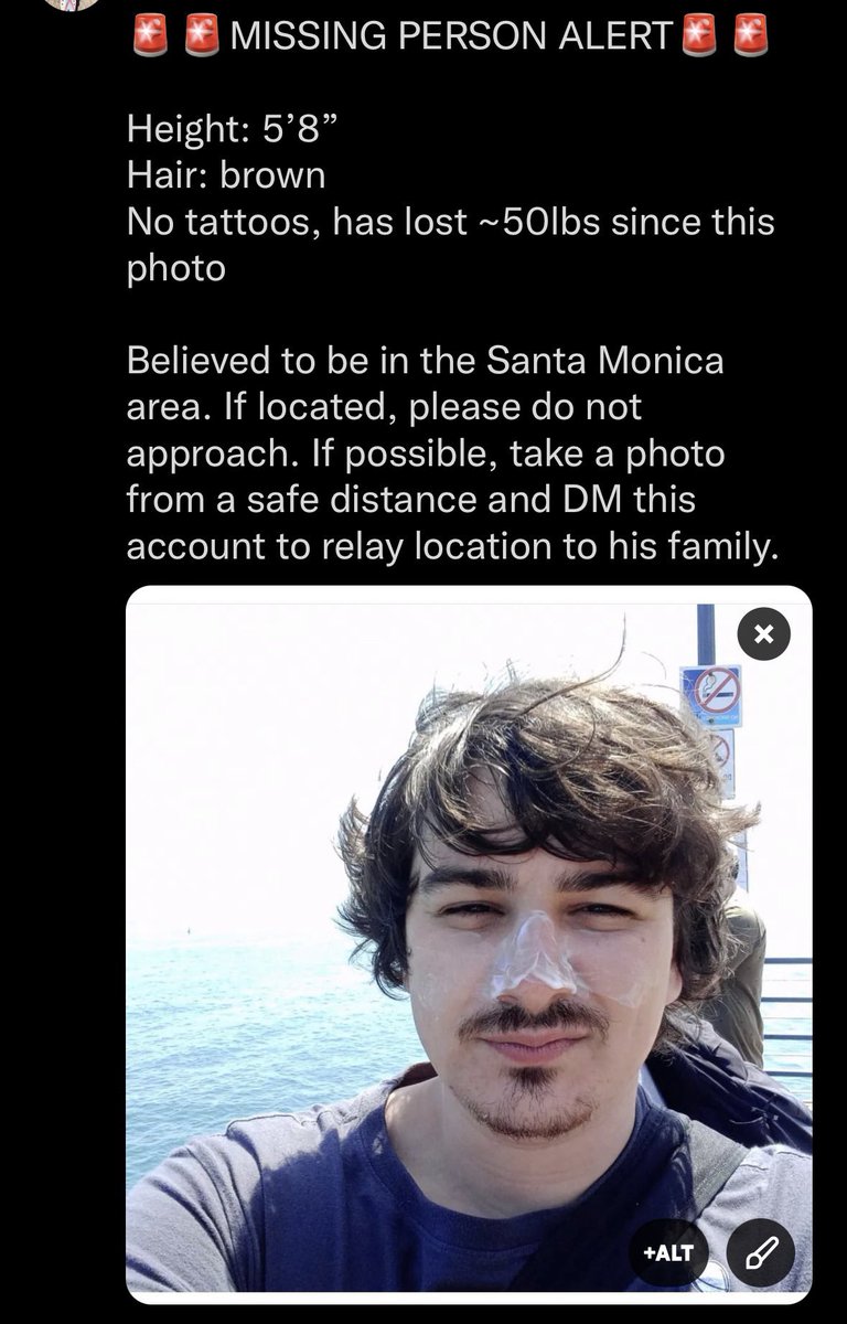 luckymed's tweet photo. @KarenBassLA @bizzycali #FindNick #SantaMonica My son needs care #SMI I’m Nick’s mom. 💔🙏🏼 https://t.co/U9vCeCiVah