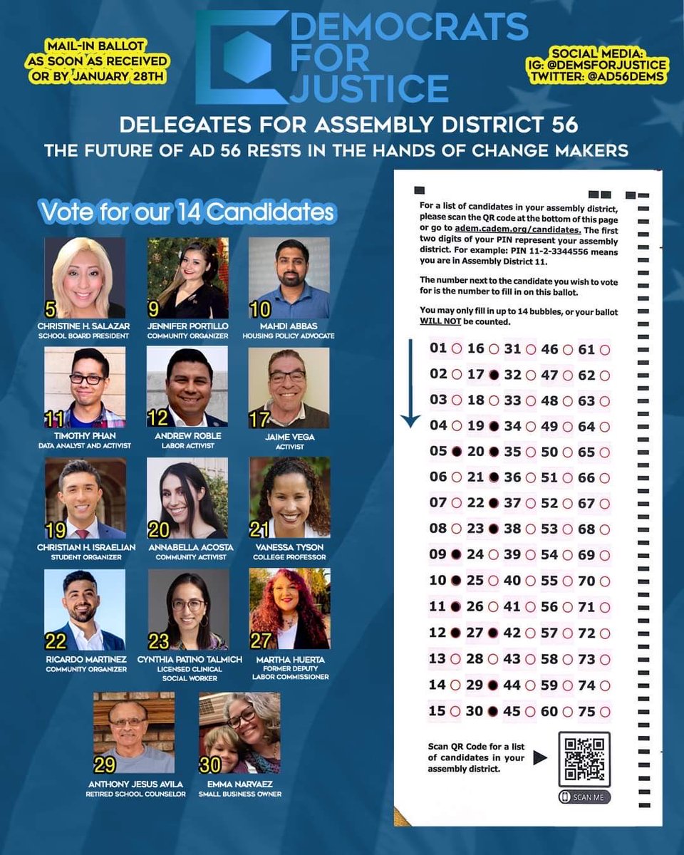 zxnaida's tweet photo. Thanks @streetsforall for recommending the Democrats for Justice slate for ADEM delegates in #AD56 (@AD56Dems)! All aboard the train for healthy, sustainable communities and streets for all!

Vote Jan. 21 in Whittier! Or send back your mail ballot. See details below or DM me. https://t.co/wHx9u7oDuo
