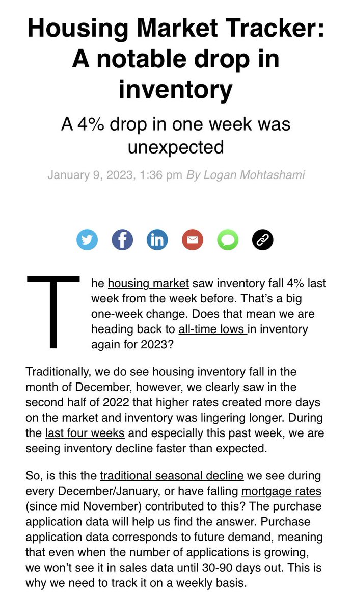 RealtorRaulA's tweet photo. So what will January have in store for us? So far more notable drops in inventory, combined with an increase in purchase applications. Spring will be the key to finding out if we will see relief. Otherwise this will be a huge factor in why prices remain stable in 2023. https://t.co/dsAYCLwGAf