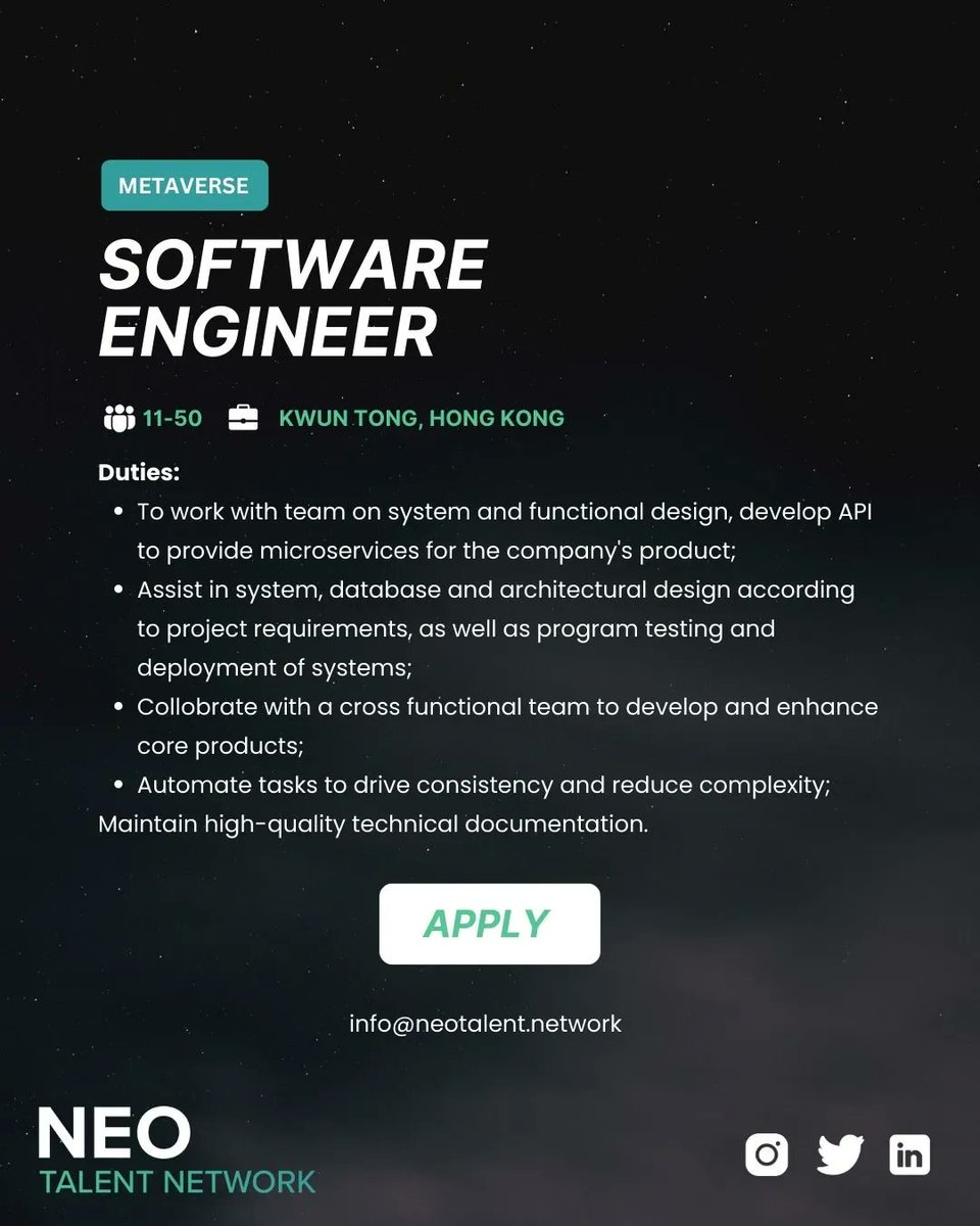 neoweb3co's tweet photo. Looking for a #software #engineer for a #digitaltwin company in Hong Kong!  

Submit your CV on our website to apply 📬 
#web3jobboard #web3job #hiring #blockchaindeveloper #solidity info@neotalent.network 

More Web 3.0 Work Opportunities can be found on our Neo Job Board https://t.co/zMhgCzQyB1
