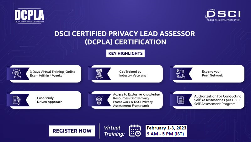 DSCI_Connect's tweet photo. Join the #DCPLA certification prog. and gain first-hand knowledge from the DSCI experts. The training program is designed around the case-study driven approach and will help you expand your peer network.➡️Enroll for the #VirtualTraining 🗓️Feb 1-3, 2023📨For queries-dcpla@dsci.in https://t.co/eDjqBs7D4N