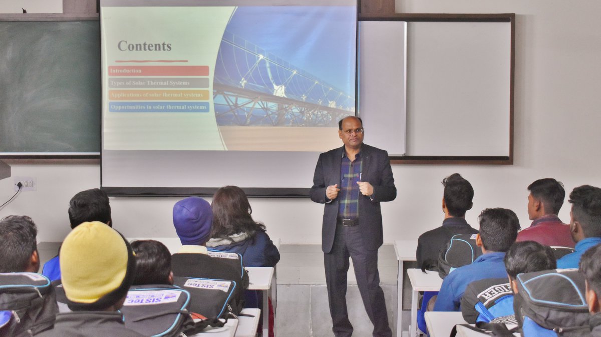 #SISTec Department of ME organized a #expertlecture on '#EnergyTechnology and its Applications.' The expert for the session was (Ph.D. (#IITDelhi), PDF (Thailand), FIE, C.Eng.) Dr. Anil Kumar, who guided #students on the design and development of innovative products and systems.